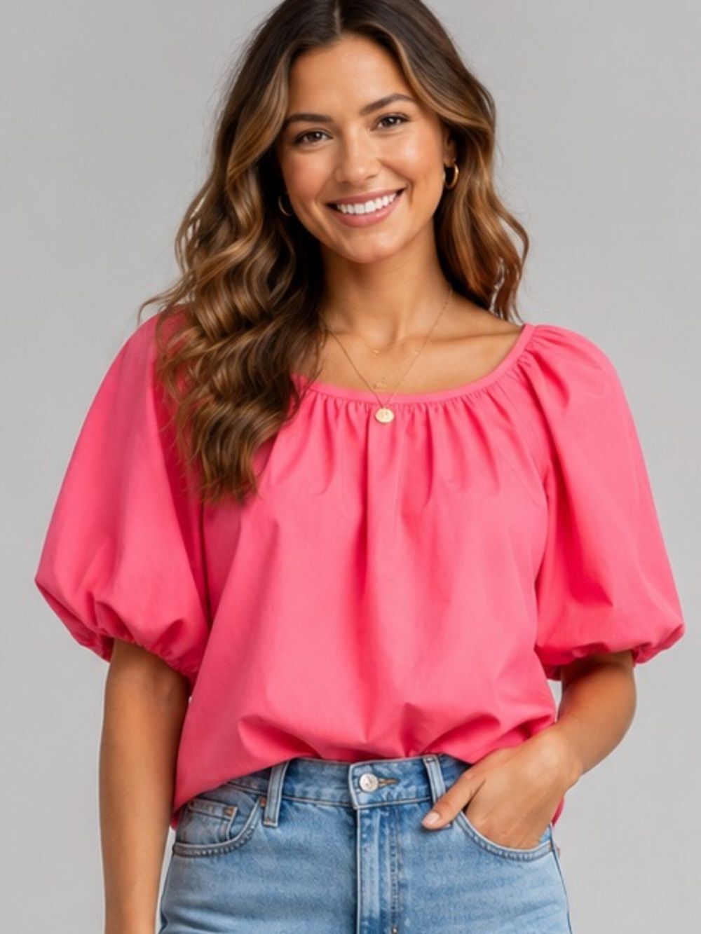 GREYLIN Pink Puff Sleeve Tie-Back Blouse | Size Medium